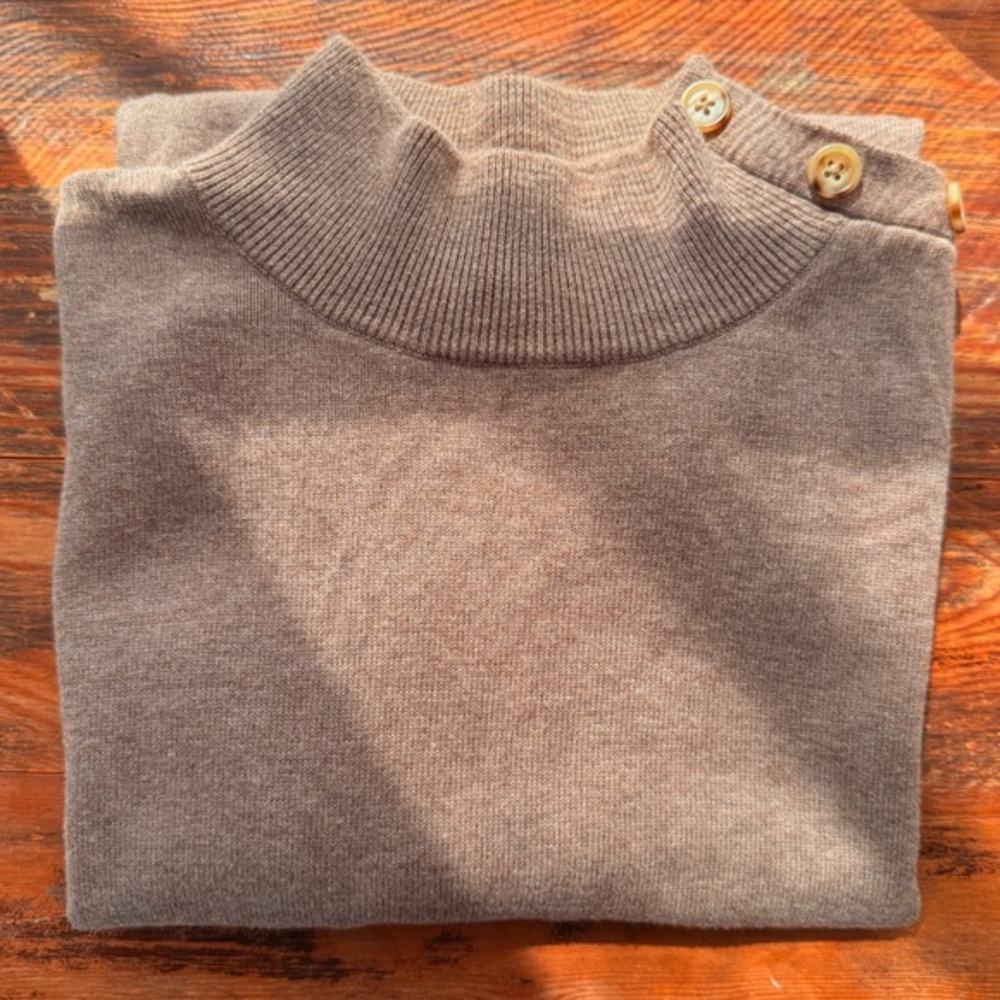 A5 Jeanne Pierre Sweater Button Shoulder Mock Neck Classic Neutral Cotton Knit L